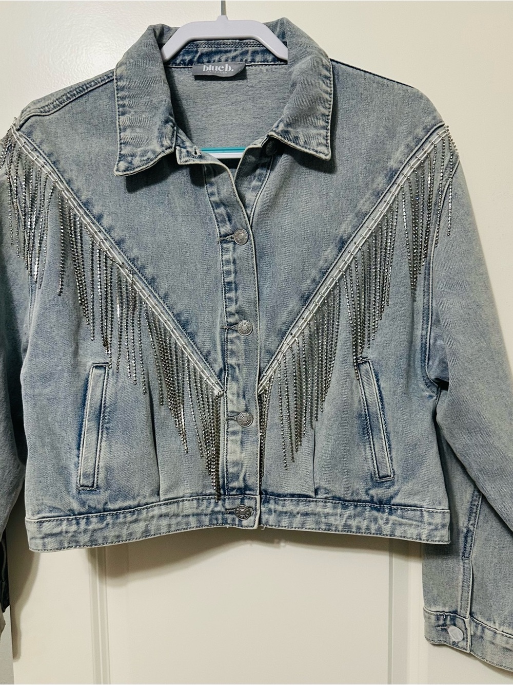 BlueB Collection Light Wash Denim Jacket with Ringstone Fringe Size L
